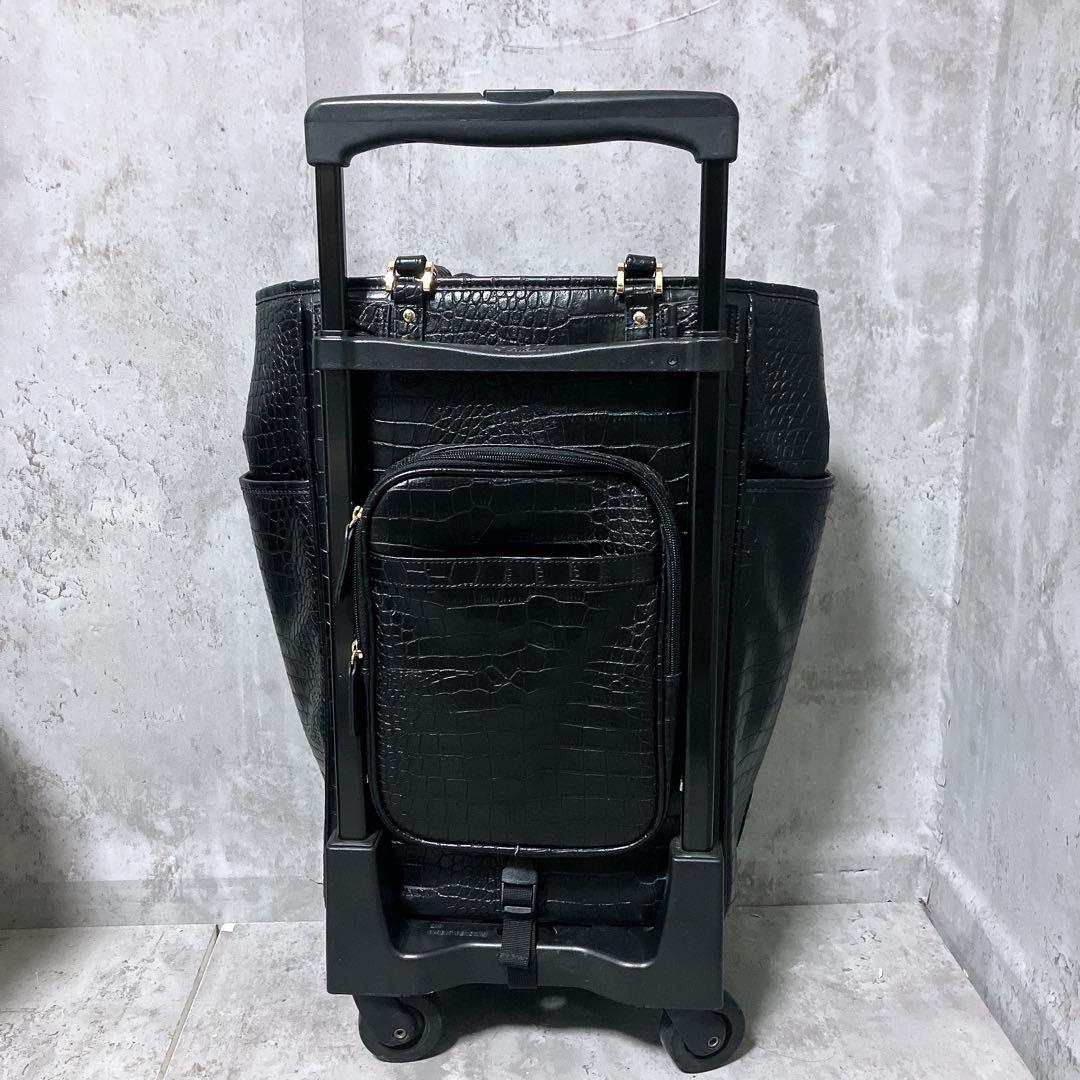 【良品】SWANY キャリーバッグ 黒 クロコ型押し 4輪 ストッパー付き