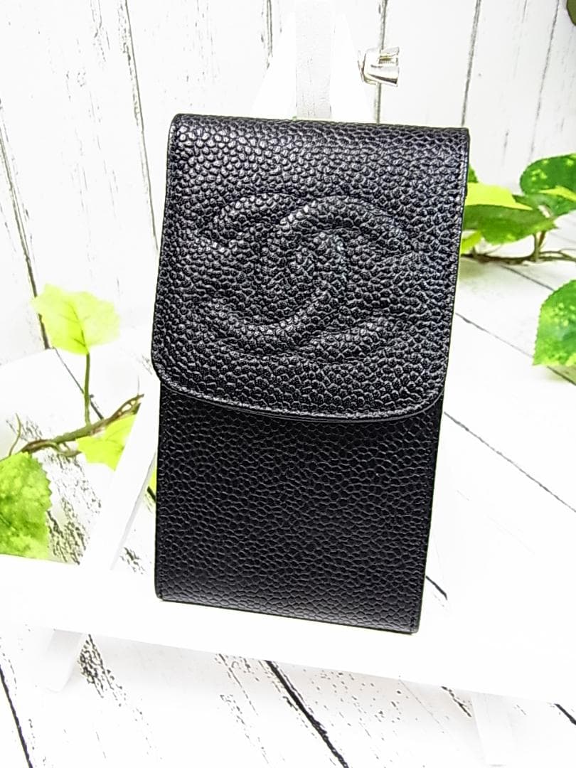 正規美品シャネル　キャビアスキン チェーン付ポーチ型キーケース シガレットケース