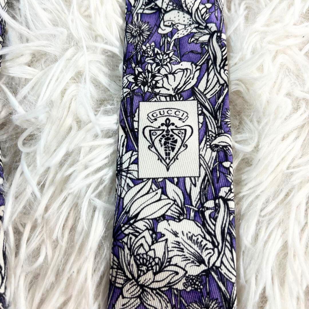 GUCCI グッチ ネクタイ シルク 花柄 総柄 刺繍 パープル ブルームス