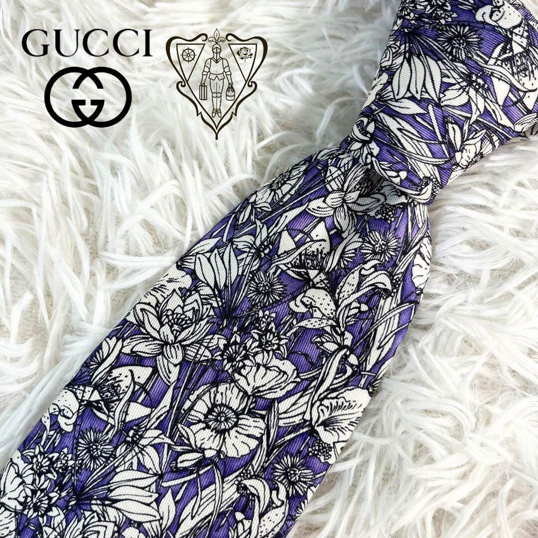 GUCCI グッチ ネクタイ シルク 花柄 総柄 刺繍 パープル ブルームス