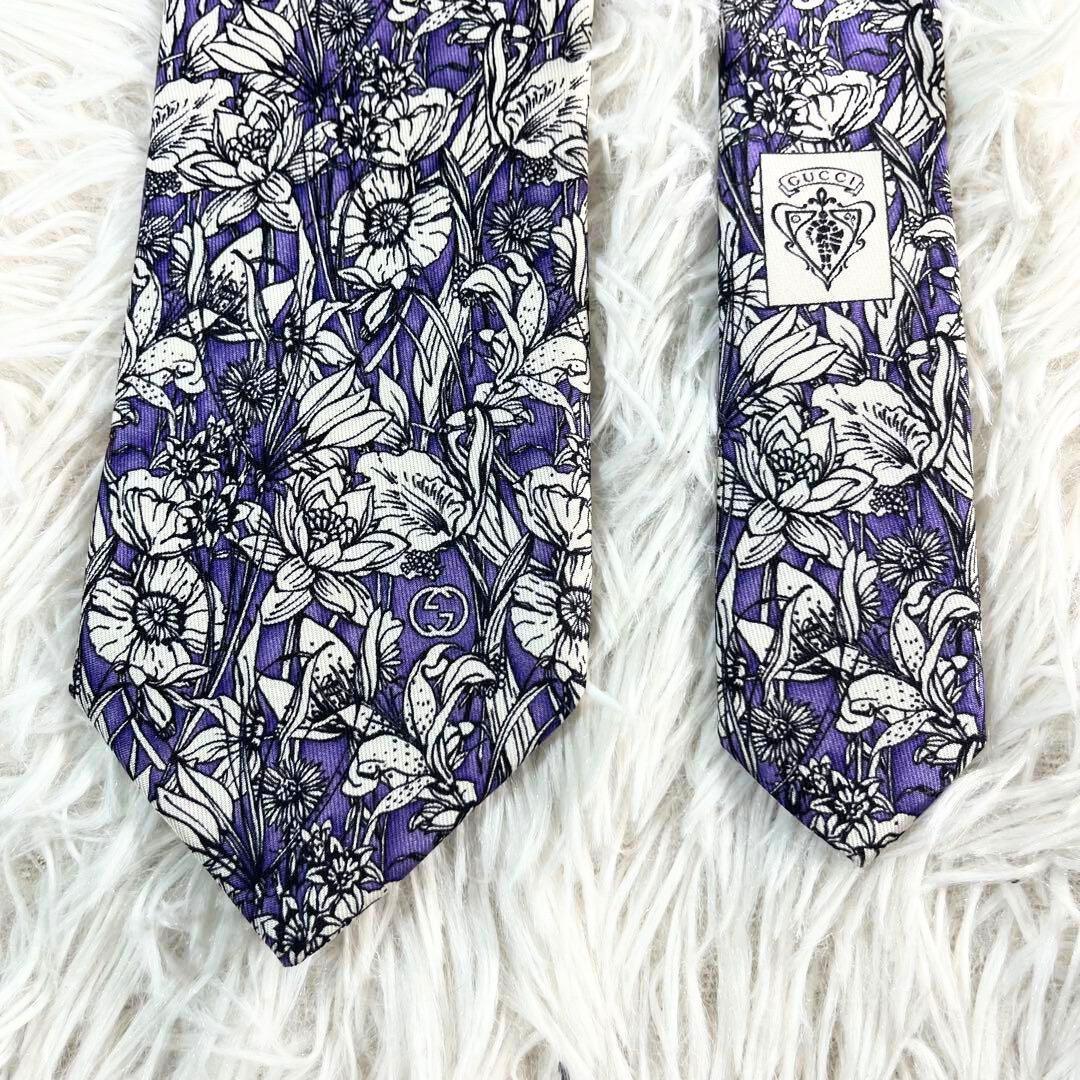 GUCCI グッチ ネクタイ シルク 花柄 総柄 刺繍 パープル ブルームス