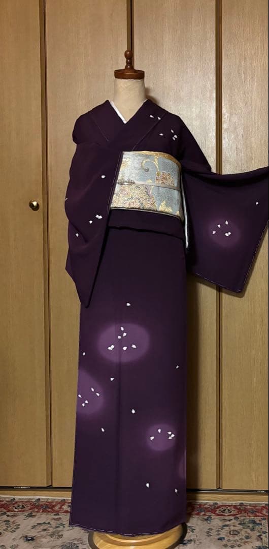 正絹縮緬　小桜、蛍暈し訪問着　 小豆紫【洛楽人工房】トール裄長 未使用　美品