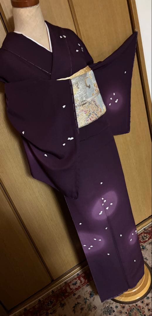 正絹縮緬　小桜、蛍暈し訪問着　 小豆紫【洛楽人工房】トール裄長 未使用　美品