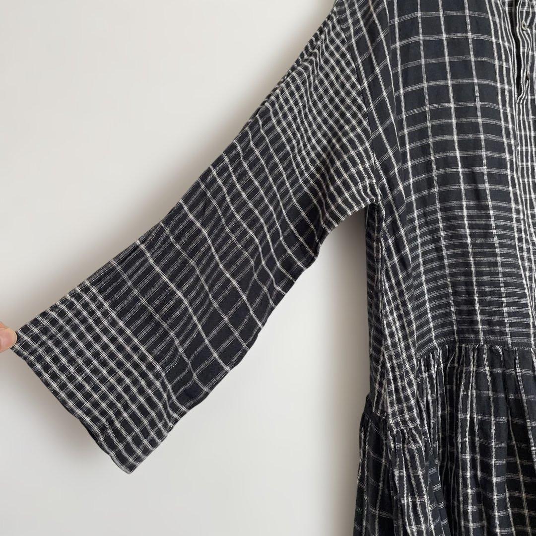 イチ　アンティーク　ロングワンピース　麻リネン100%チェックICHI