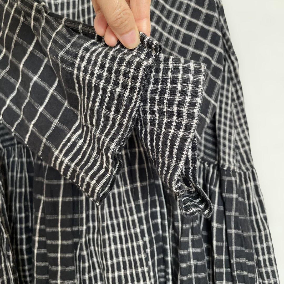 イチ　アンティーク　ロングワンピース　麻リネン100%チェックICHI