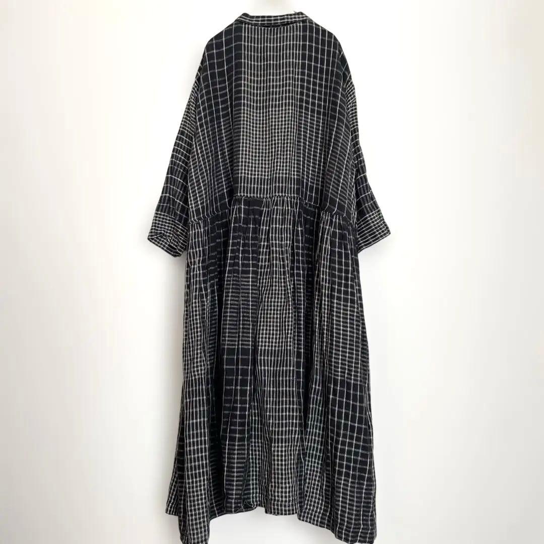 イチ　アンティーク　ロングワンピース　麻リネン100%チェックICHI