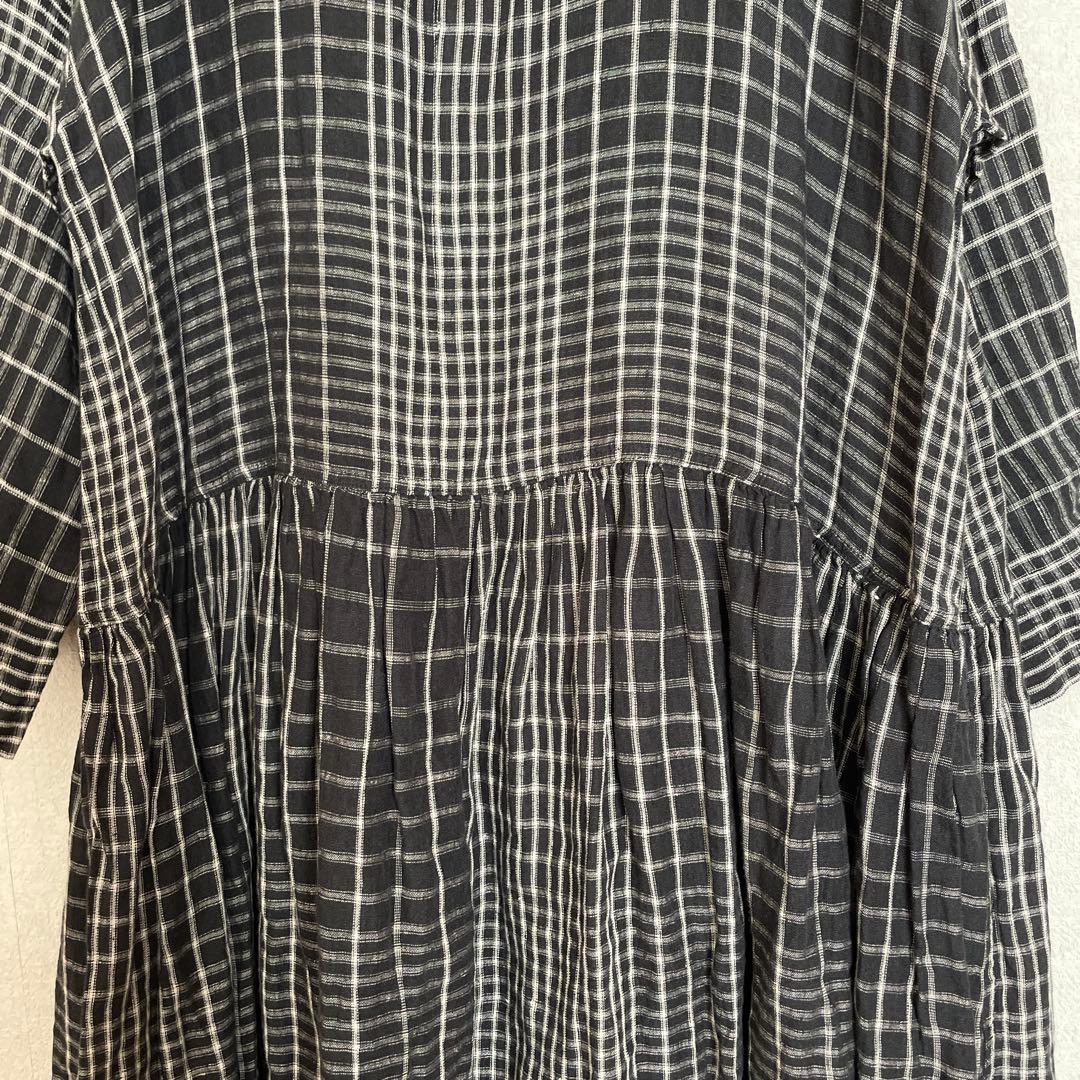 イチ　アンティーク　ロングワンピース　麻リネン100%チェックICHI