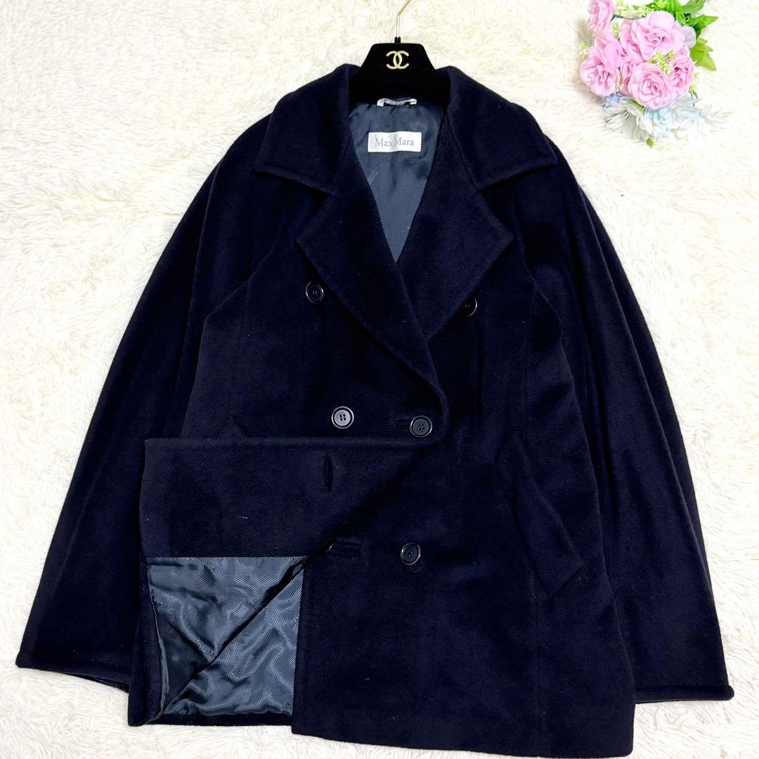 【美品】マックスマーラ チェスターコート カシミヤ混 ウール 白タグ ネイビー