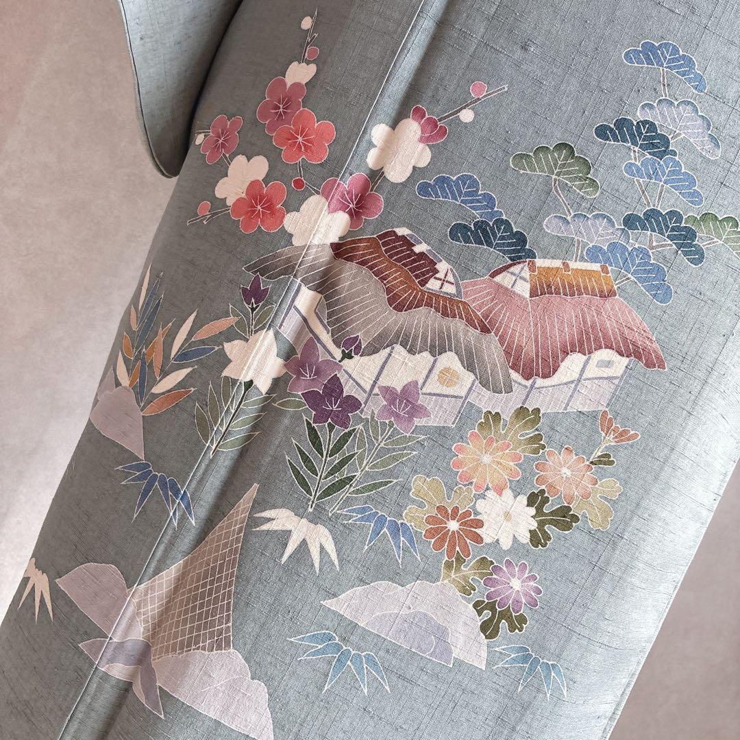 訪問着　フルセット　着物　正絹　紬　四季草花　風情　N1