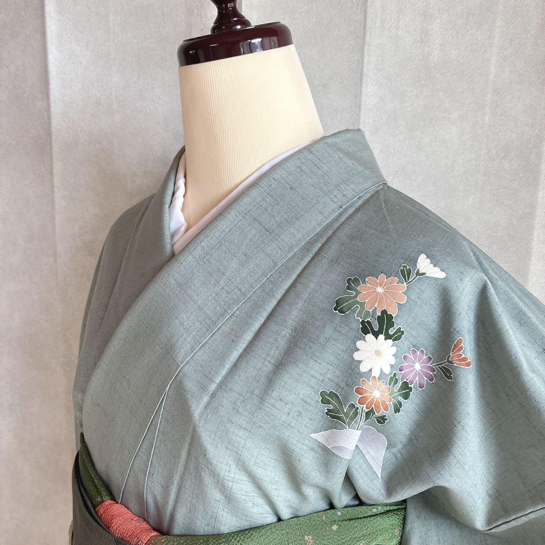 訪問着　フルセット　着物　正絹　紬　四季草花　風情　N1