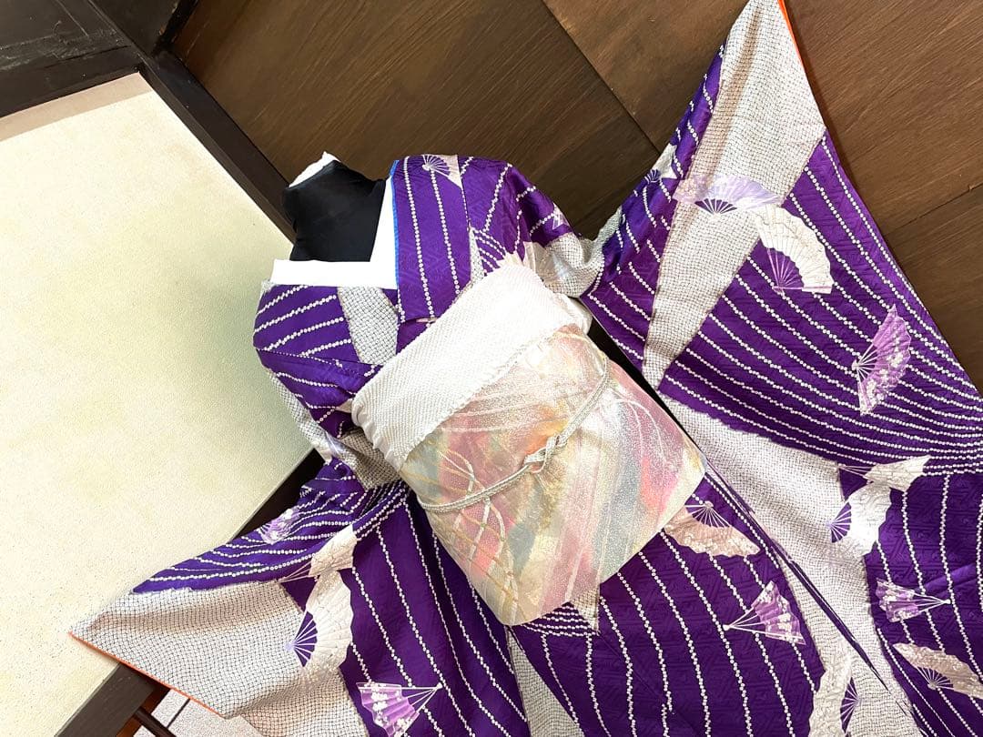 振袖フルセット6点サイズM〜Ｌ檜扇花文　鹿の子　金彩　正絹