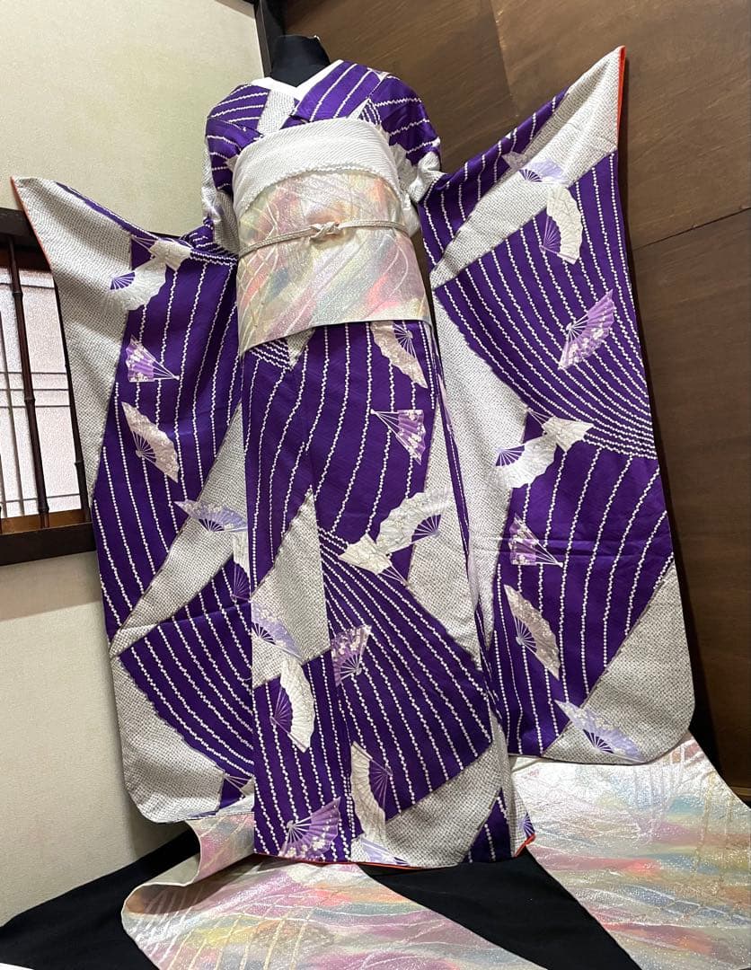 振袖フルセット6点サイズM〜Ｌ檜扇花文　鹿の子　金彩　正絹