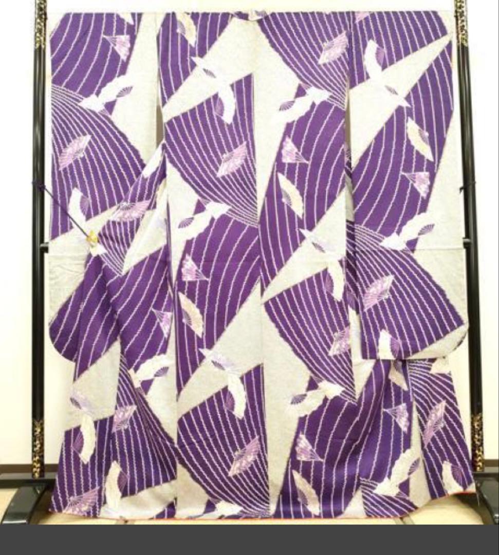 振袖フルセット6点サイズM〜Ｌ檜扇花文　鹿の子　金彩　正絹