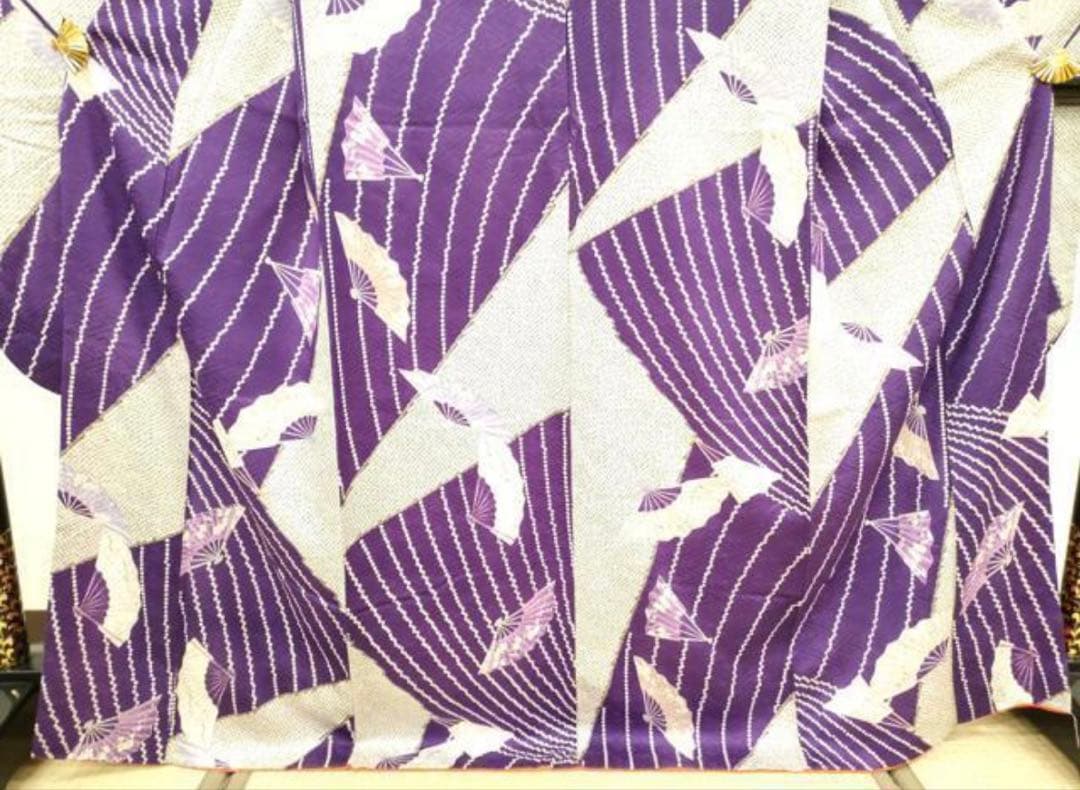 振袖フルセット6点サイズM〜Ｌ檜扇花文　鹿の子　金彩　正絹