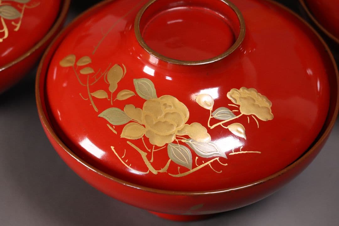 漆芸 明治大正 時代蒔絵椀 五客 天然木 草花 朱塗 金蒔絵【MA358】