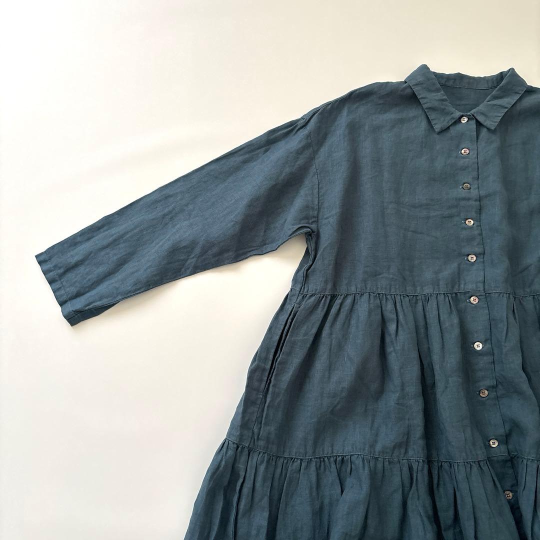 「美品」nest robe ライトネイビー　 長袖ティアードシャツワンピース　F