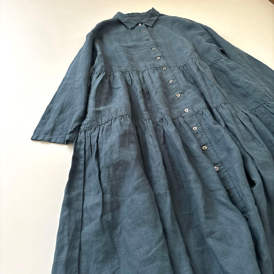 「美品」nest robe ライトネイビー　 長袖ティアードシャツワンピース　F