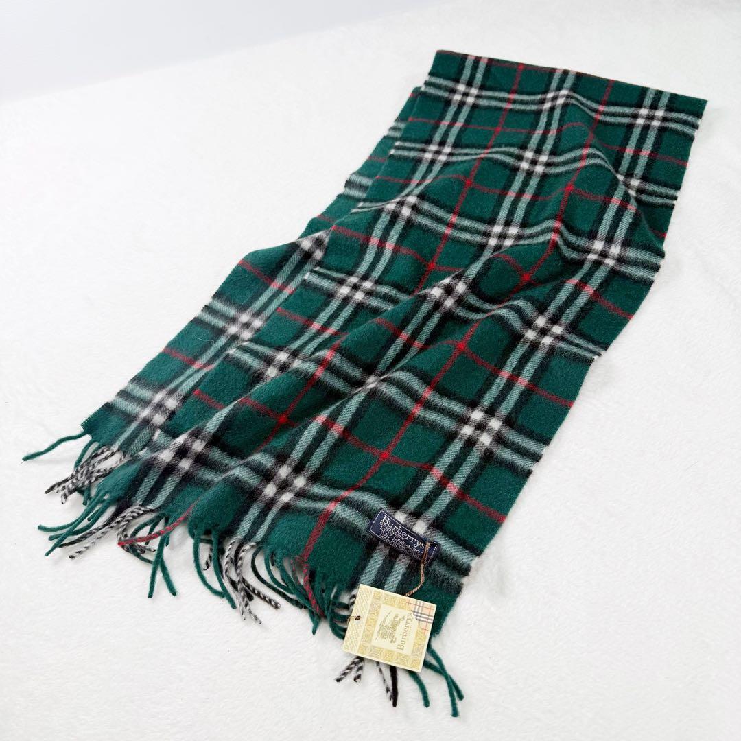 【未使用タグ付き】BURBERRY カシミヤ100% チェックマフラー グリーン