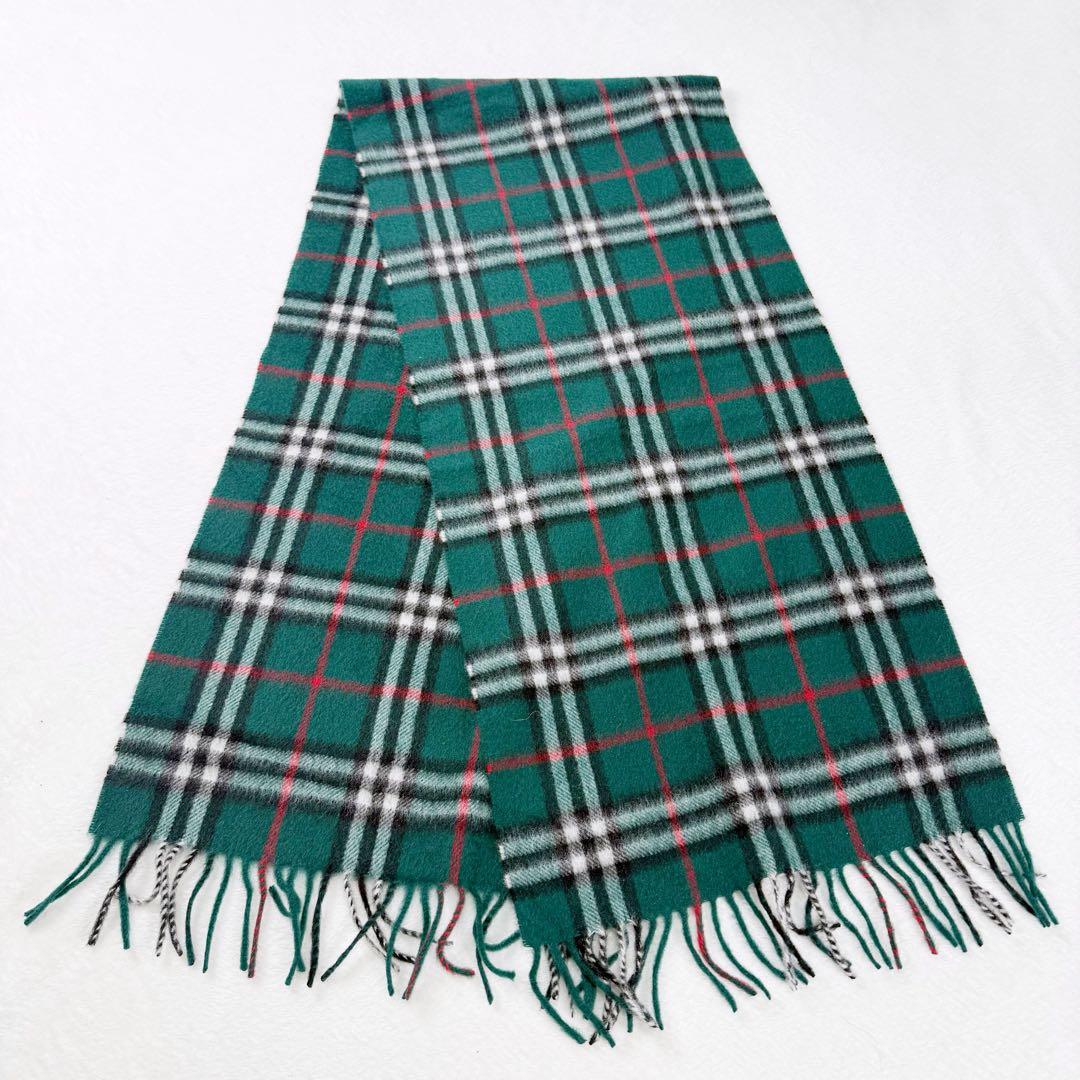 【未使用タグ付き】BURBERRY カシミヤ100% チェックマフラー グリーン
