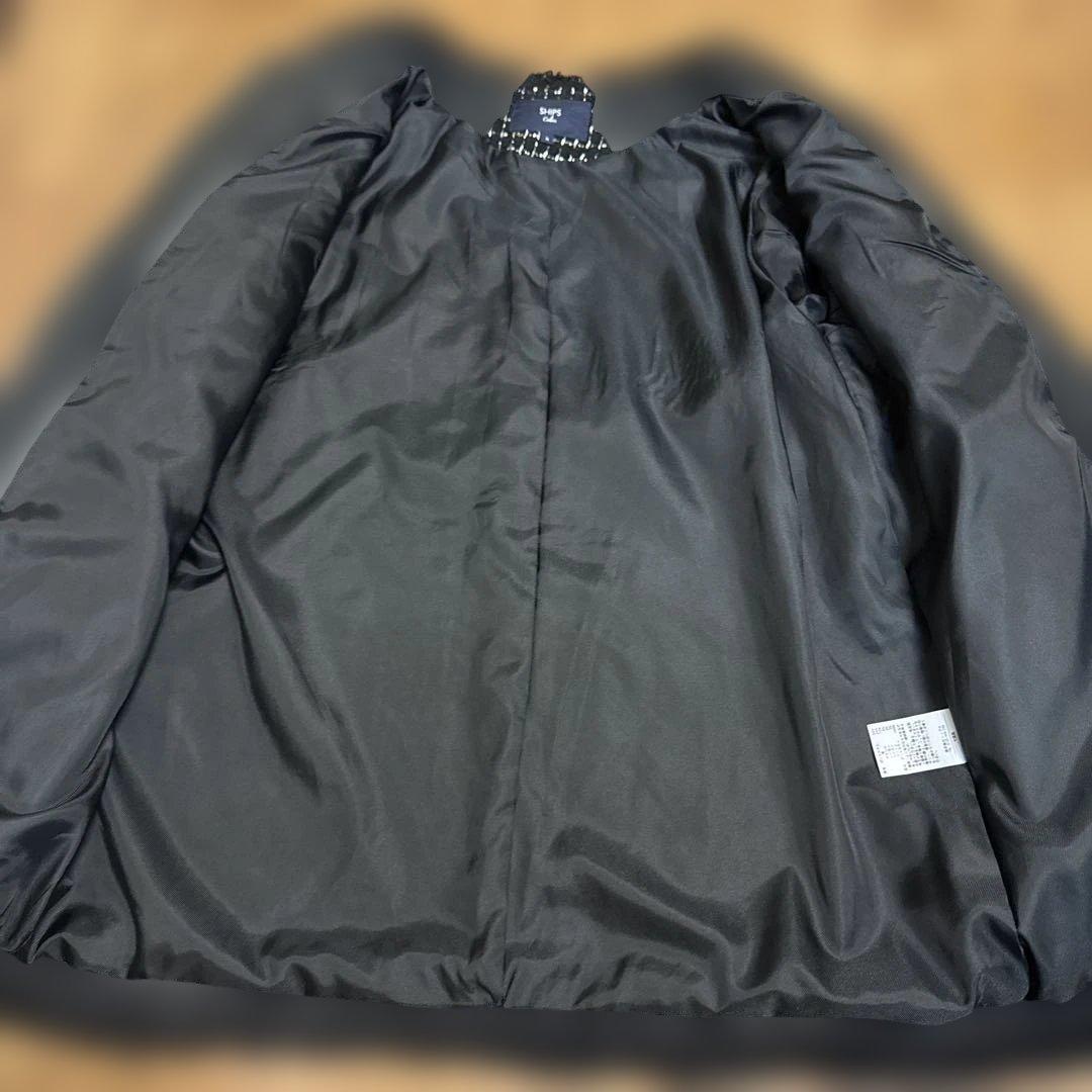 SHIPS ノーカラーツイードジャケット ブラック/ホワイト