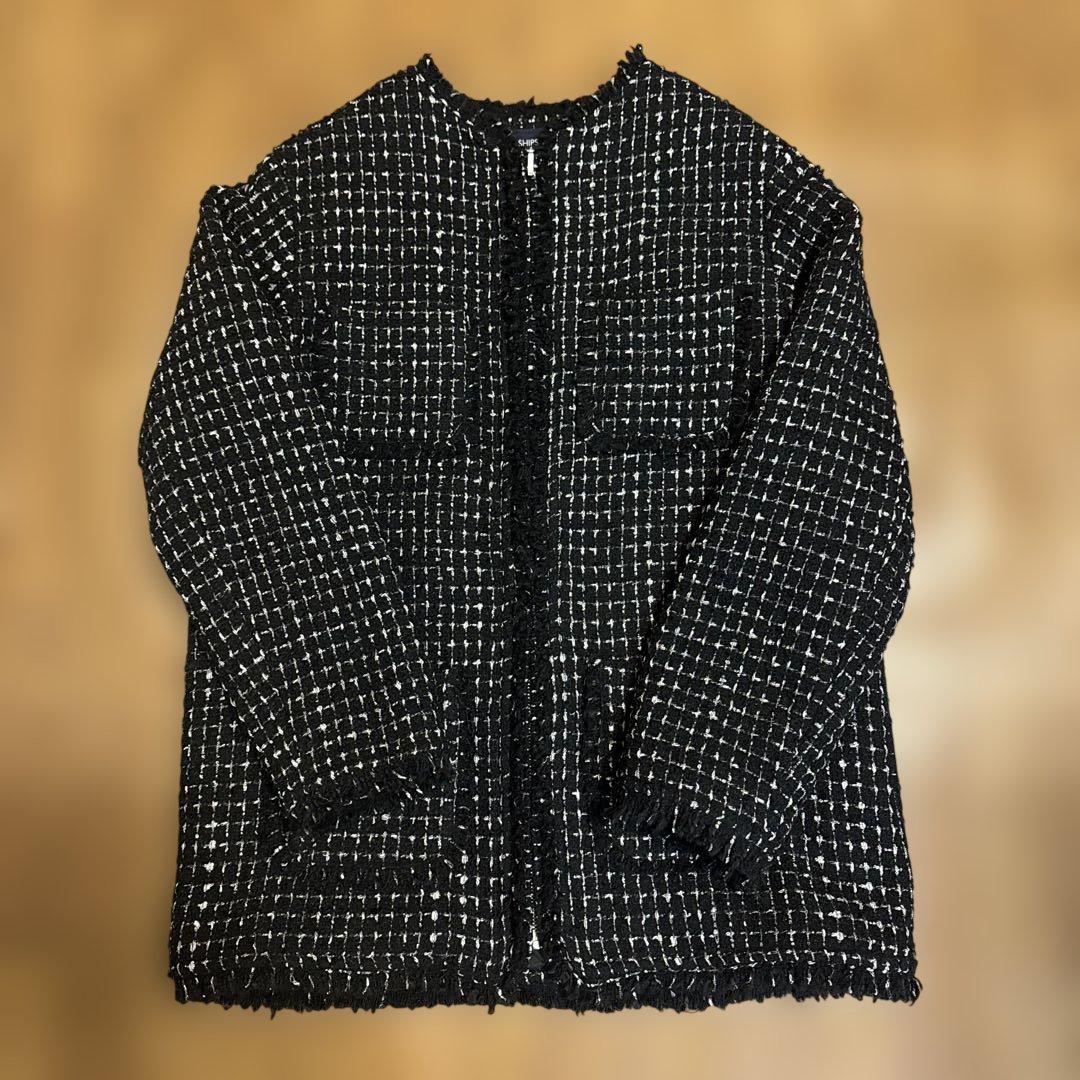 SHIPS ノーカラーツイードジャケット ブラック/ホワイト