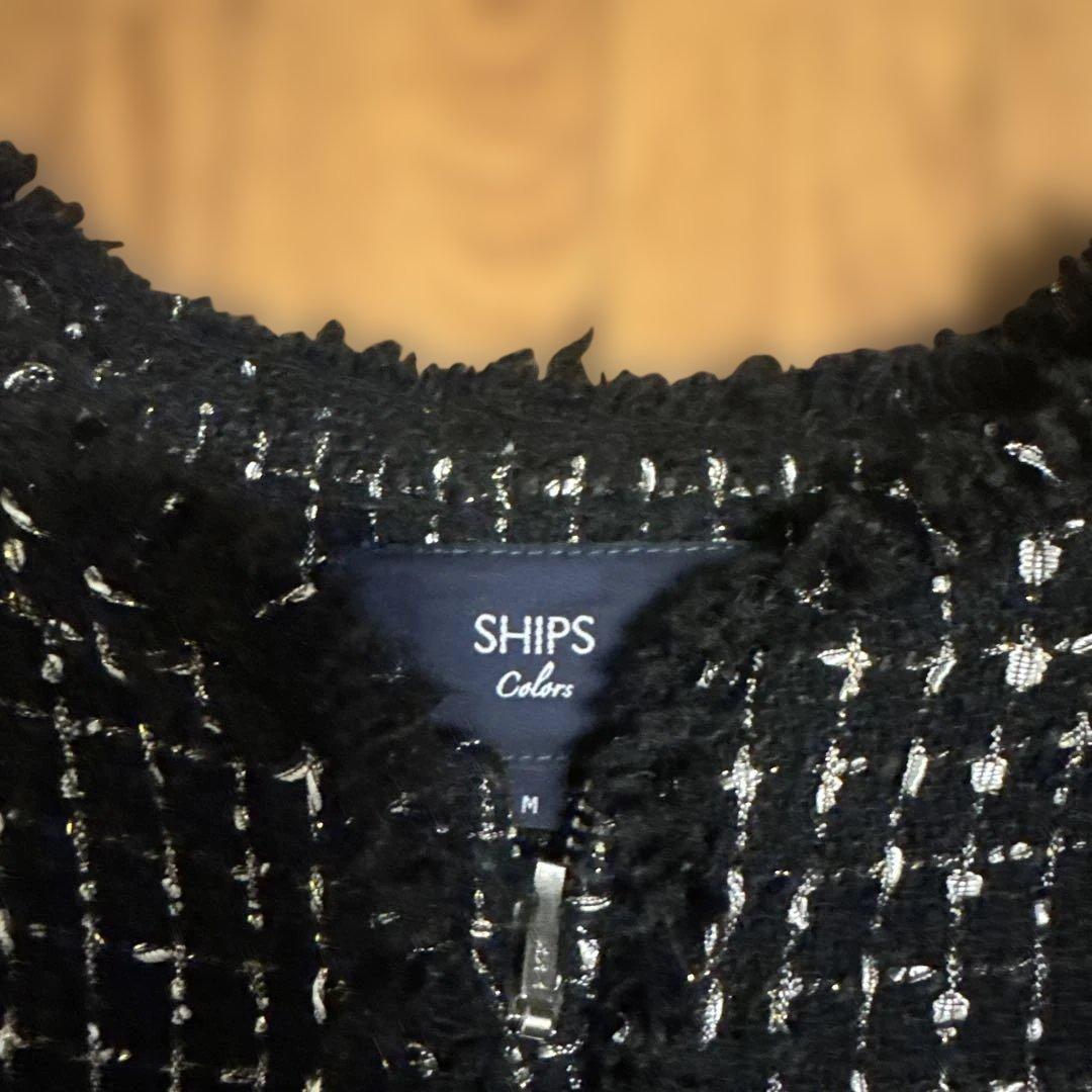 SHIPS ノーカラーツイードジャケット ブラック/ホワイト