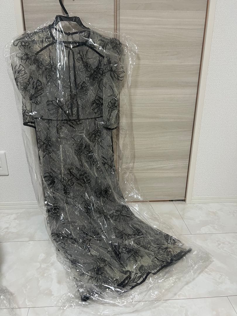 leja 花柄リボンパフスリーブマーメイドワンピースドレス　blue s