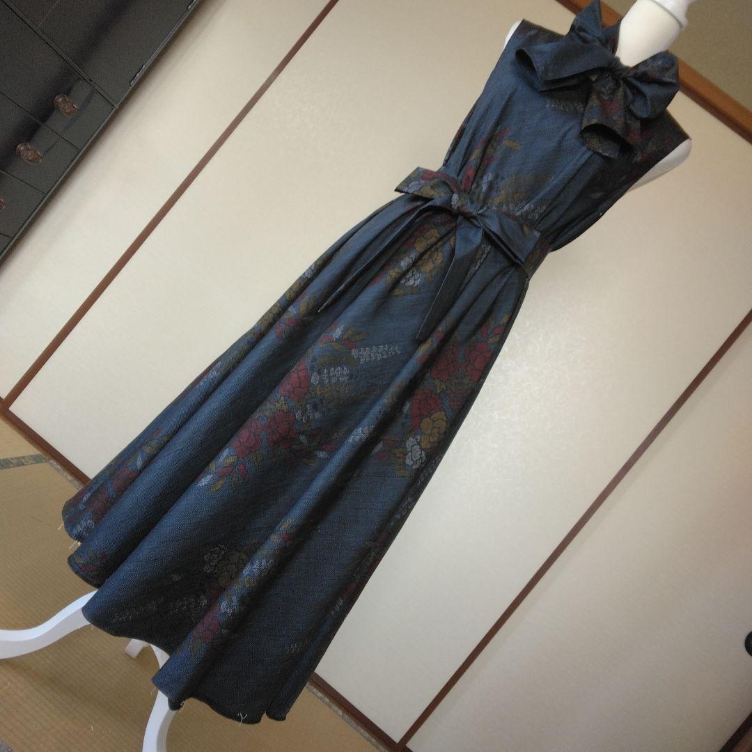 大島紬反物から、 バイアス仕立てロングフレアーワンピース 　M寸