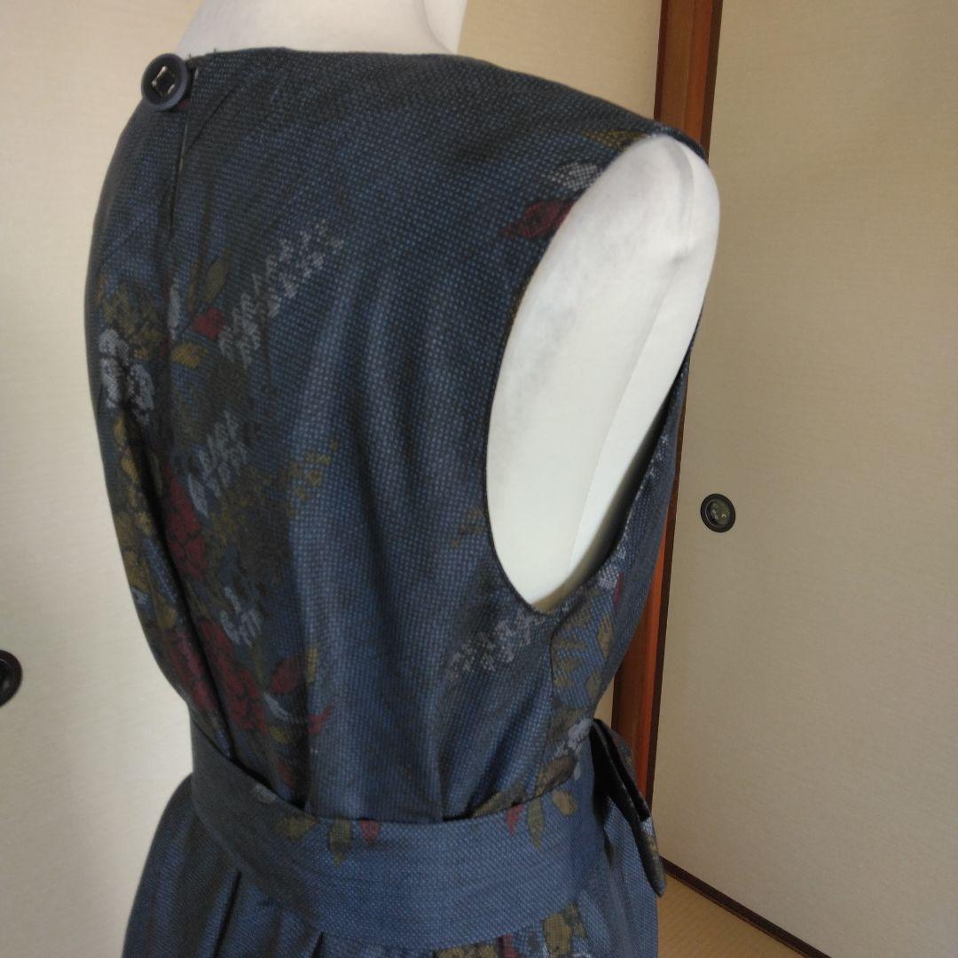 大島紬反物から、 バイアス仕立てロングフレアーワンピース 　M寸