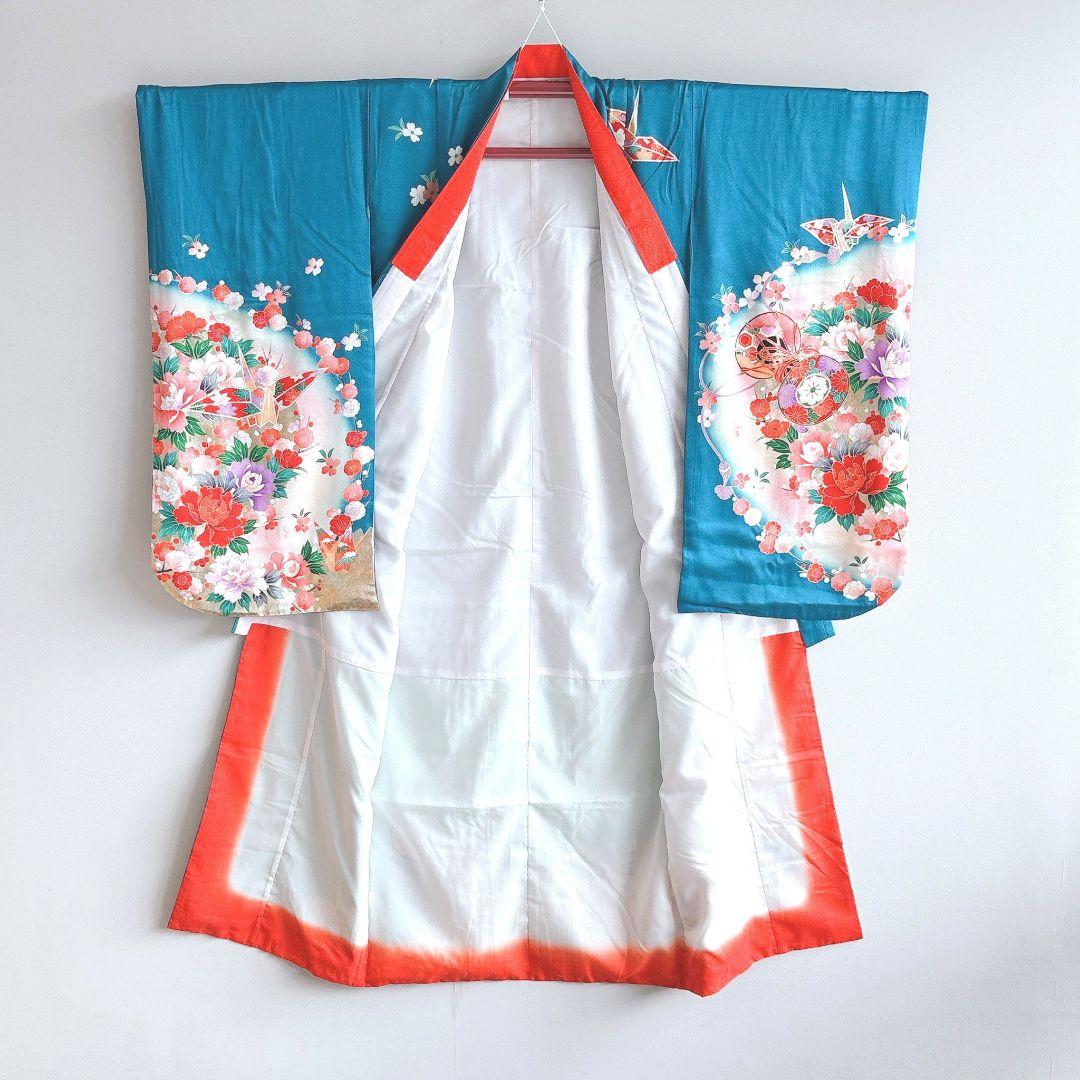 七五三　7歳女の子　フルセット　きもの　青系　金プリント　花鼓　折り鶴　7285