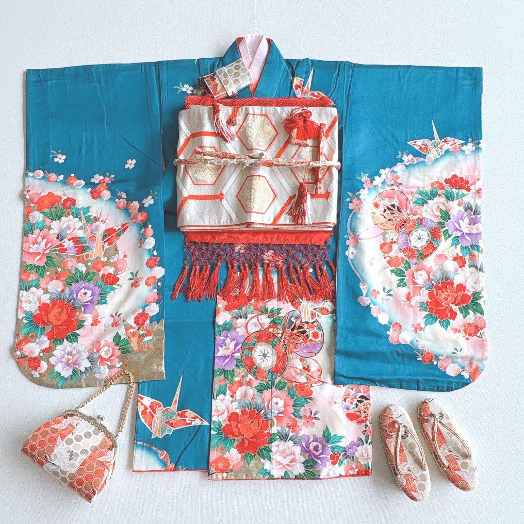 七五三　7歳女の子　フルセット　きもの　青系　金プリント　花鼓　折り鶴　7285