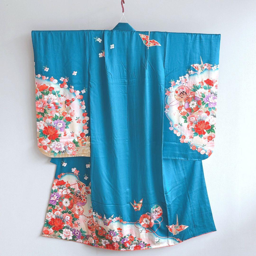 七五三　7歳女の子　フルセット　きもの　青系　金プリント　花鼓　折り鶴　7285