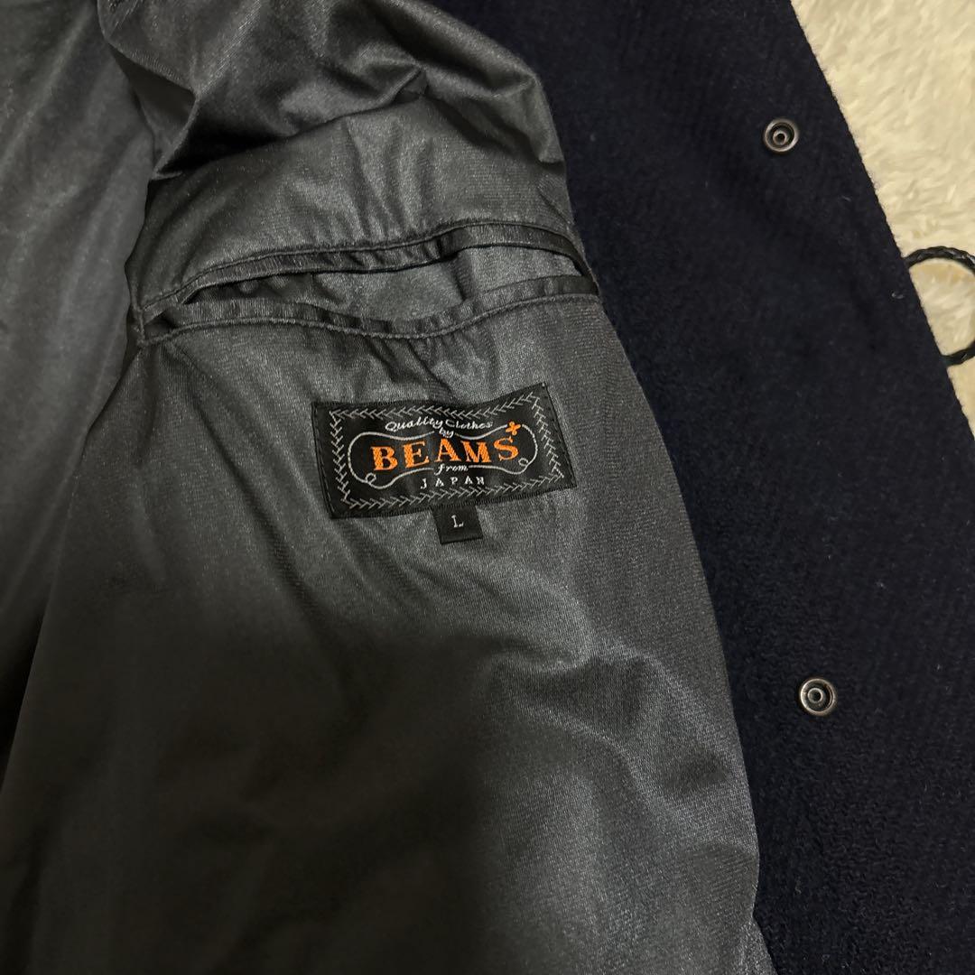 ハリスツイード×ビームスプラス ダッフルコート ロング L フード 牛革 紺