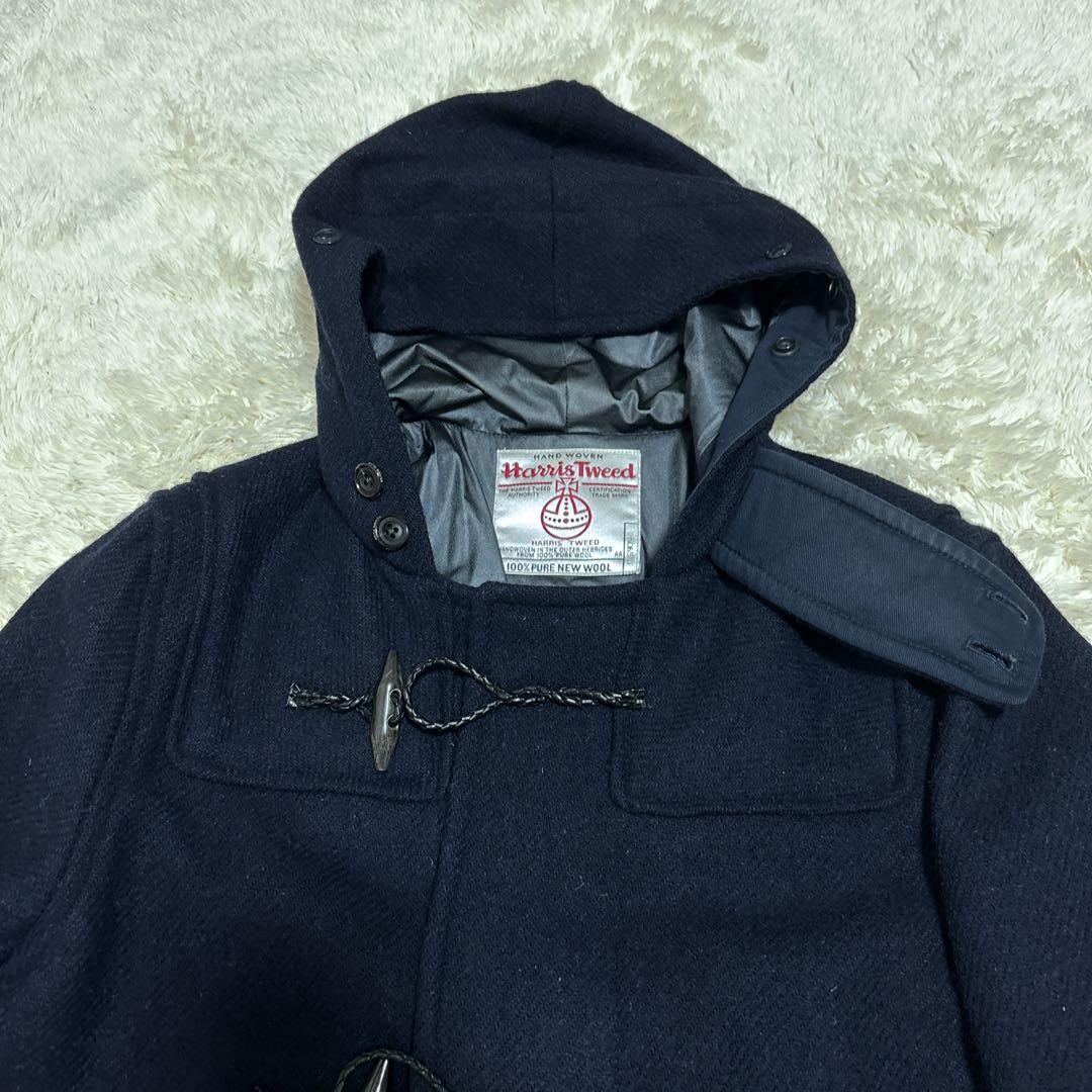 ハリスツイード×ビームスプラス ダッフルコート ロング L フード 牛革 紺