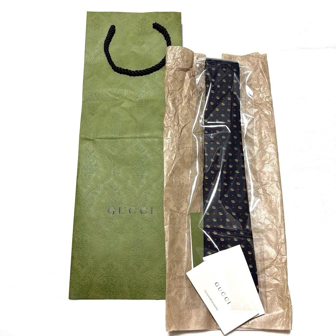 新品　グッチ　ネクタイ　現行　ネイビー　GG柄　タグ付　袋付