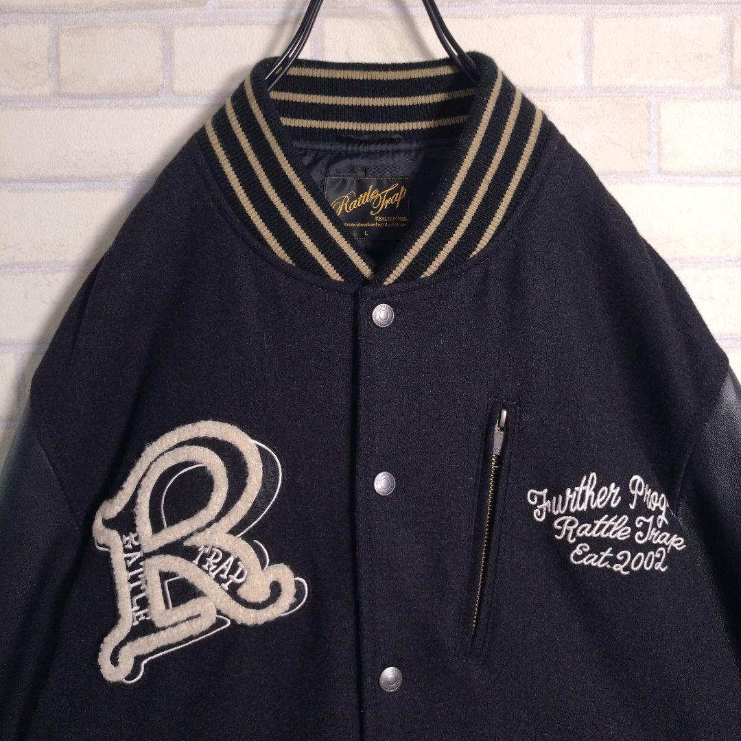 ラトルトラップ★総刺繍 スカル アームレザー 羊革 メルトン スタジャン 黒 L