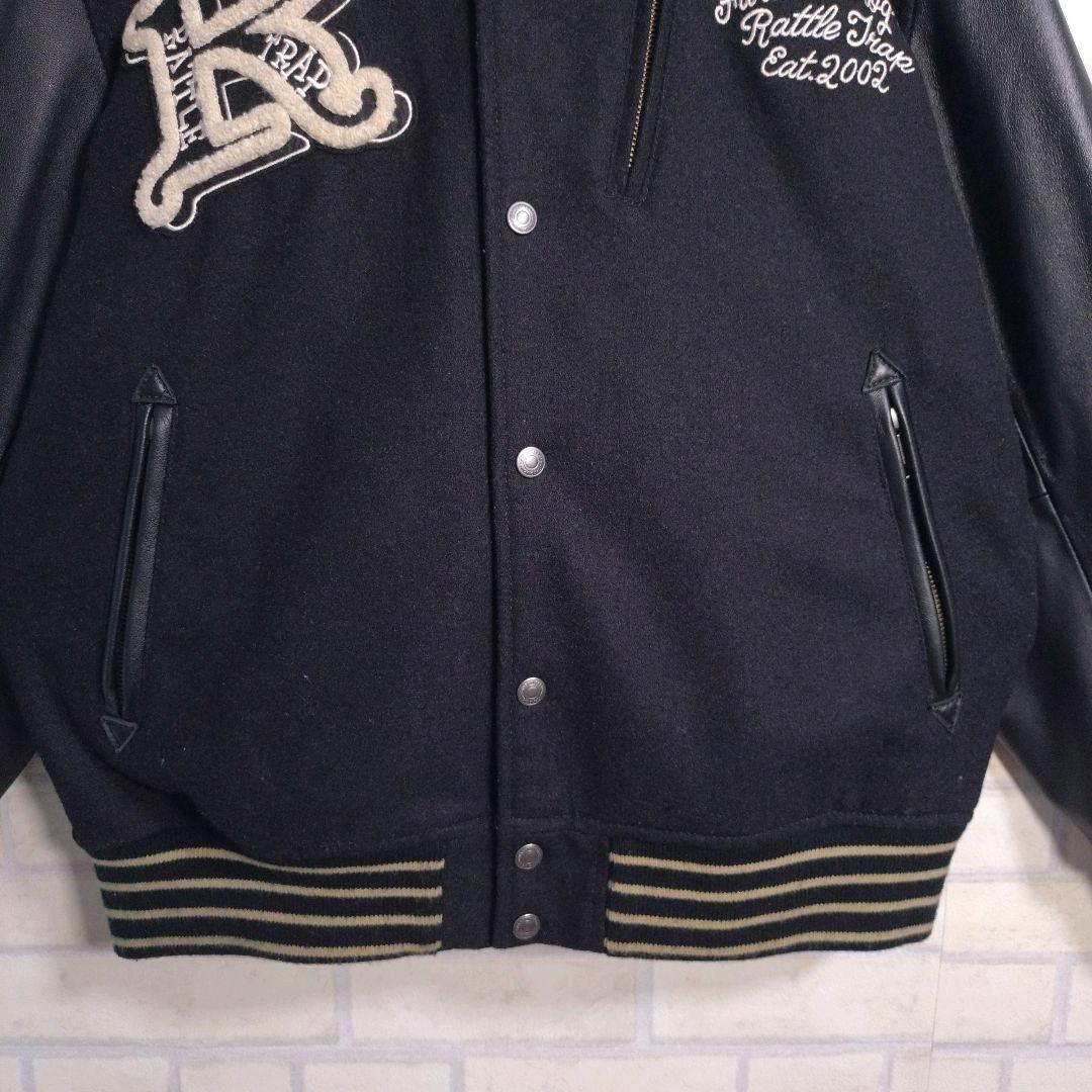 ラトルトラップ★総刺繍 スカル アームレザー 羊革 メルトン スタジャン 黒 L