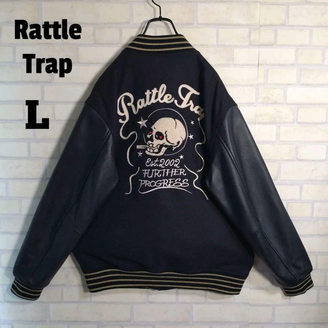 ラトルトラップ★総刺繍 スカル アームレザー 羊革 メルトン スタジャン 黒 L