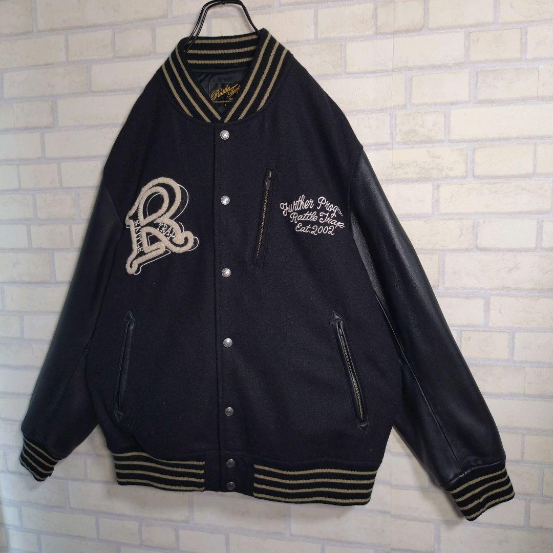 ラトルトラップ★総刺繍 スカル アームレザー 羊革 メルトン スタジャン 黒 L