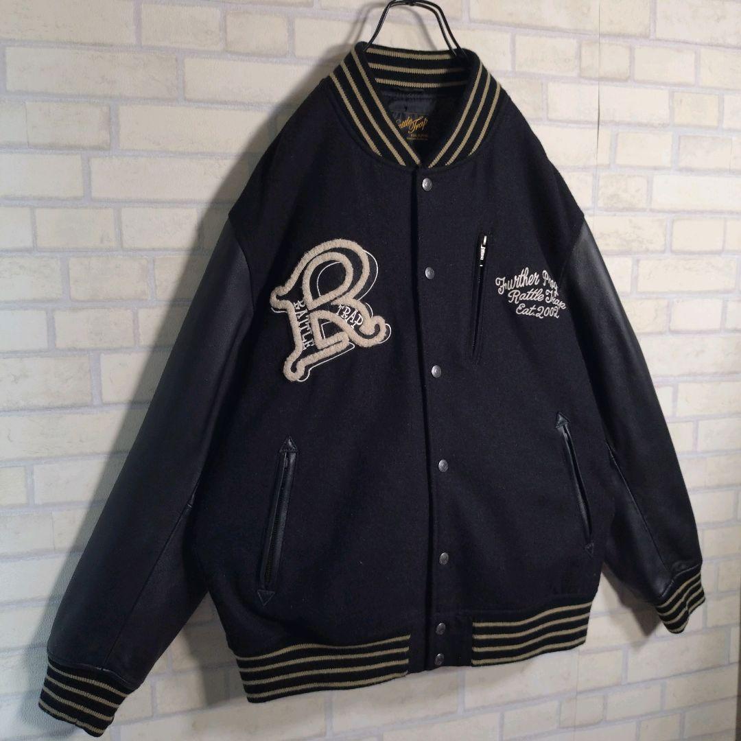 ラトルトラップ★総刺繍 スカル アームレザー 羊革 メルトン スタジャン 黒 L