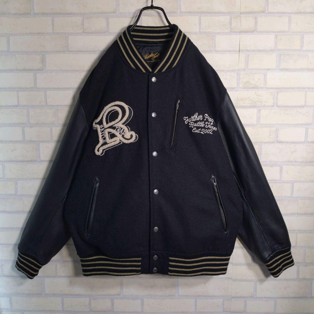 ラトルトラップ★総刺繍 スカル アームレザー 羊革 メルトン スタジャン 黒 L