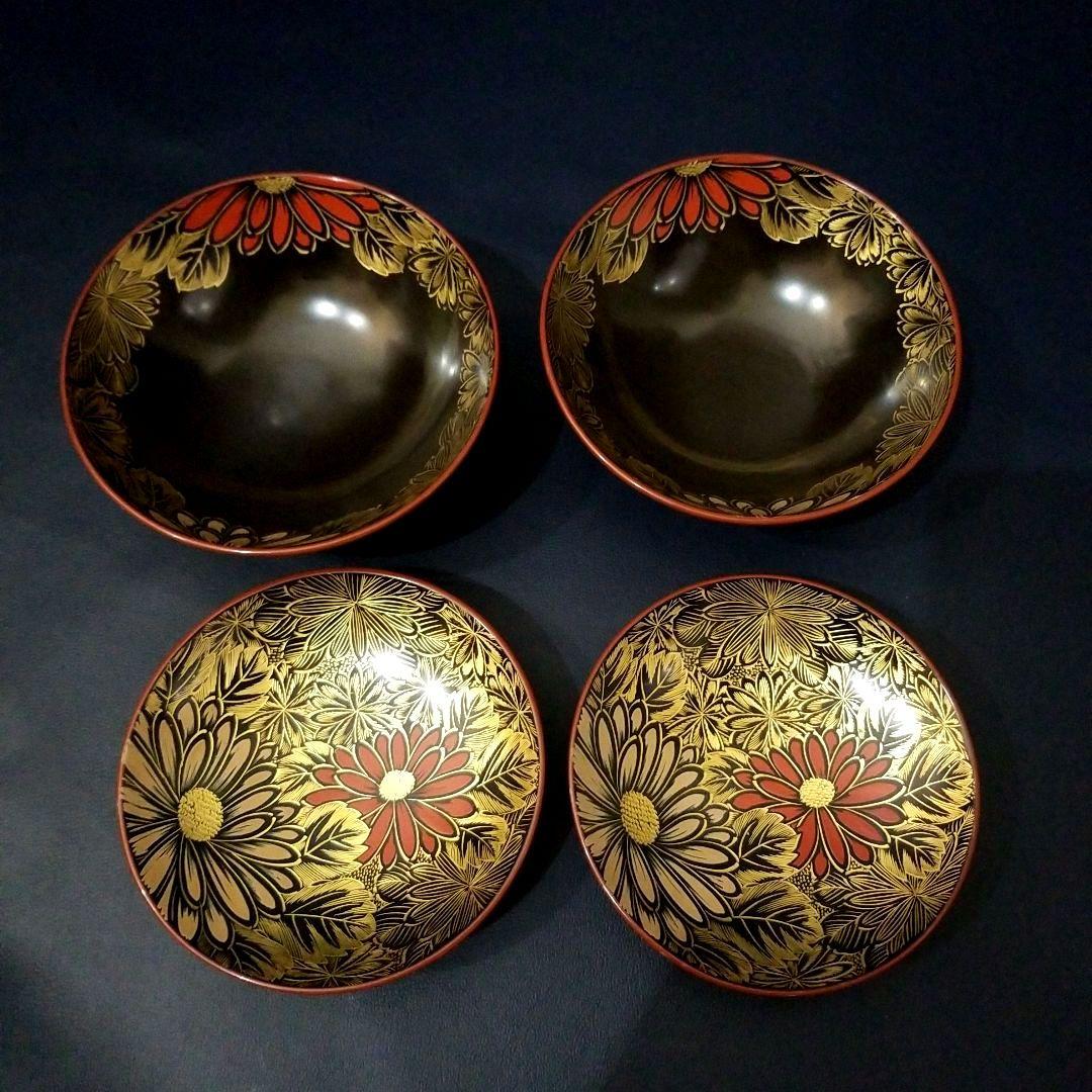 能登輪島塗 塩徳屋漆器店 菊紋沈金色蒔絵 吸物椀 懐石椀 見返し菊詰沈金 2客