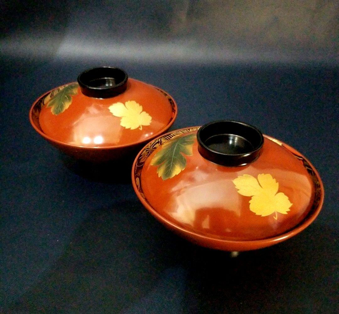 能登輪島塗 塩徳屋漆器店 菊紋沈金色蒔絵 吸物椀 懐石椀 見返し菊詰沈金 2客