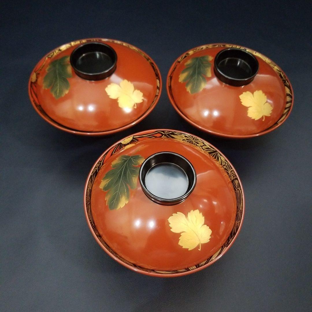 能登輪島塗 塩徳屋漆器店 菊紋沈金色蒔絵 吸物椀 懐石椀 見返し菊詰沈金 2客