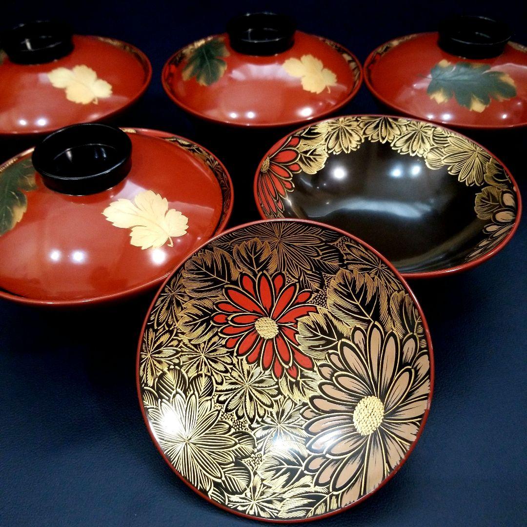 能登輪島塗 塩徳屋漆器店 菊紋沈金色蒔絵 吸物椀 懐石椀 見返し菊詰沈金 2客