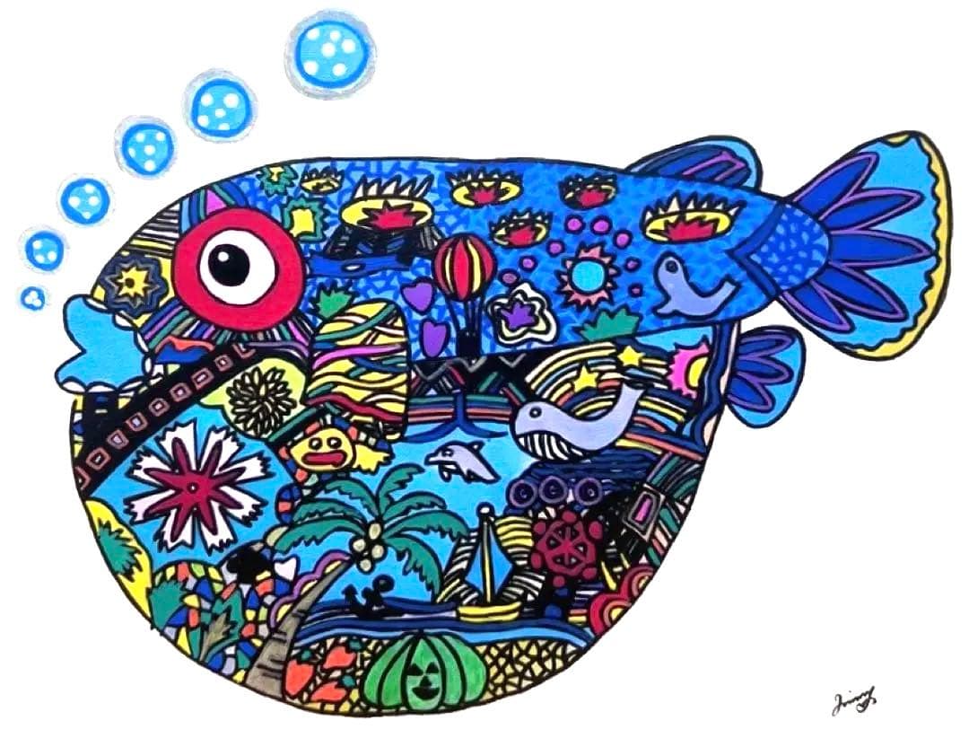 【F6号】ジミー大西（フグ）手描き/表裏サイン有り/油彩/アクリル/額縁有/絵画