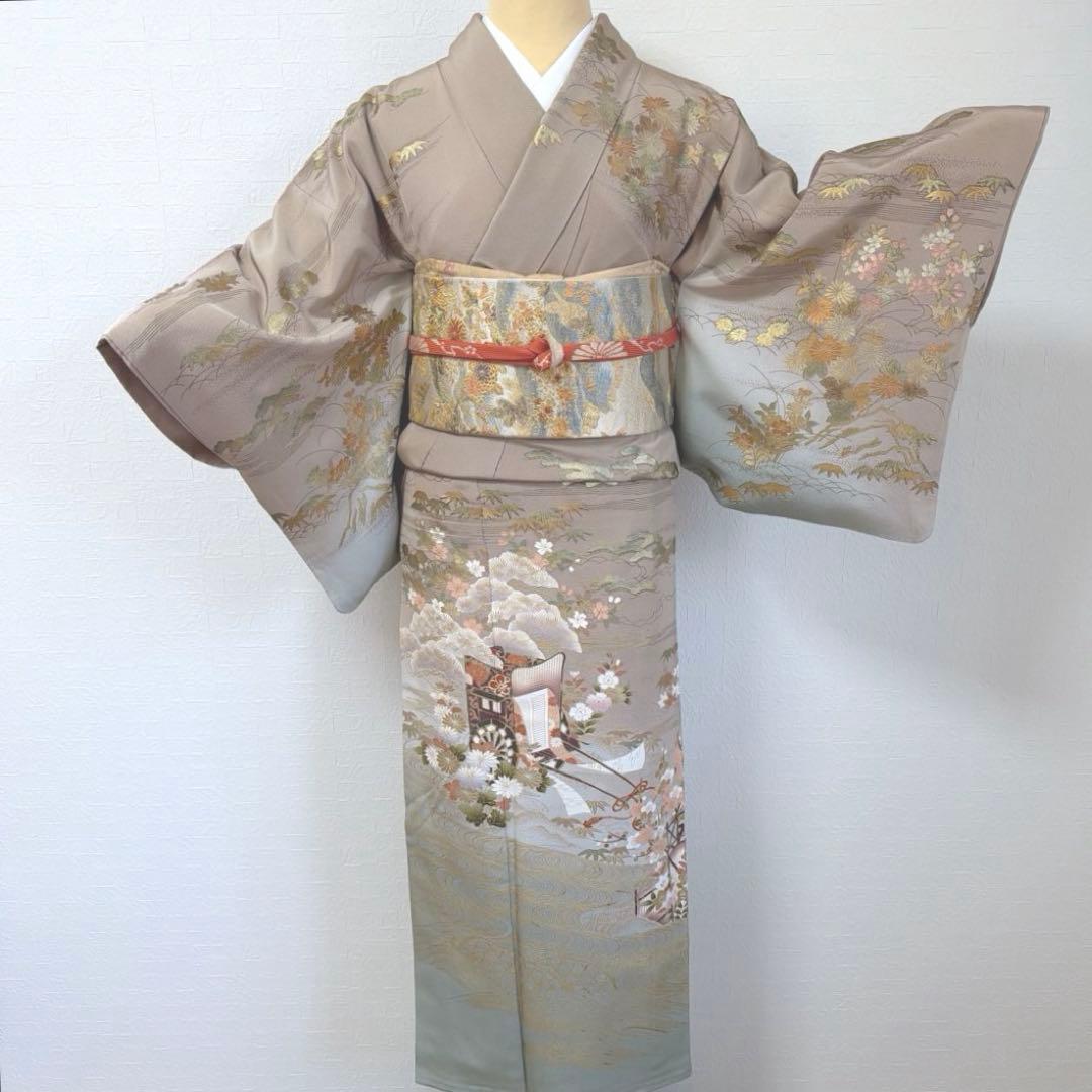 498 訪問着フルセット 正絹 一つ紋 ベージュ グレージュ 金彩 暈し染め