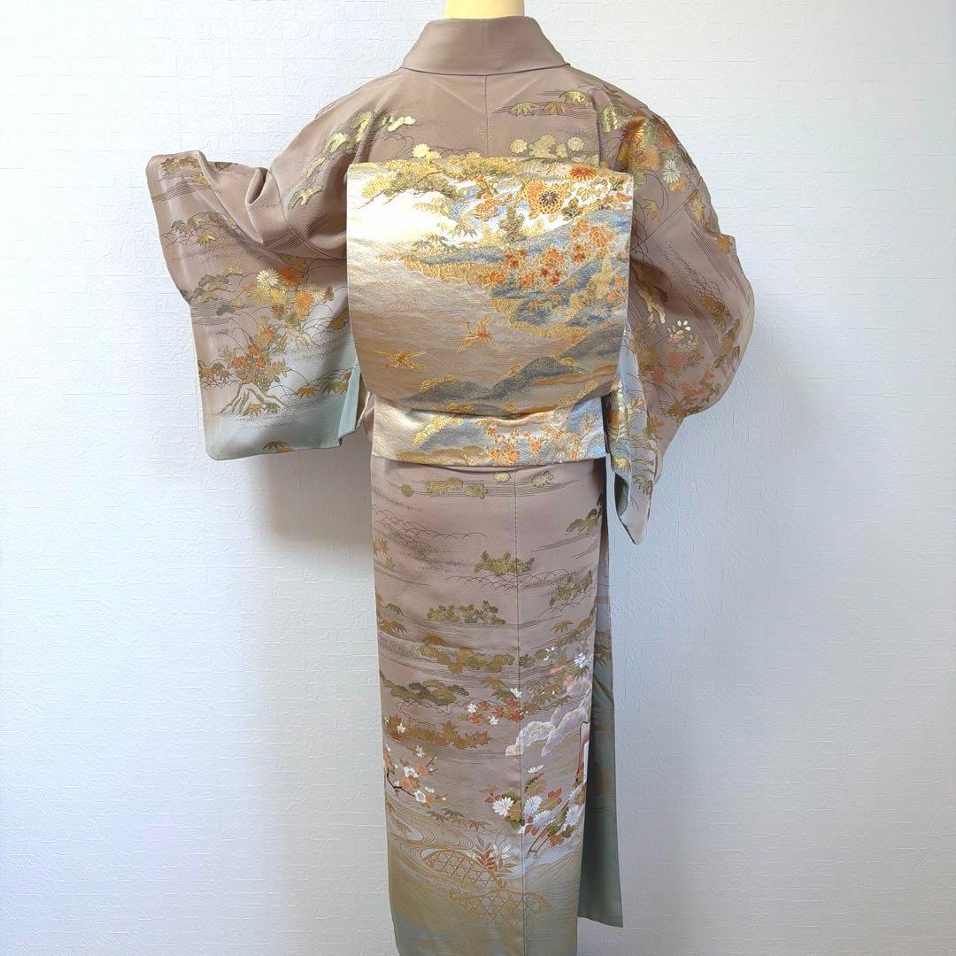 498 訪問着フルセット 正絹 一つ紋 ベージュ グレージュ 金彩 暈し染め