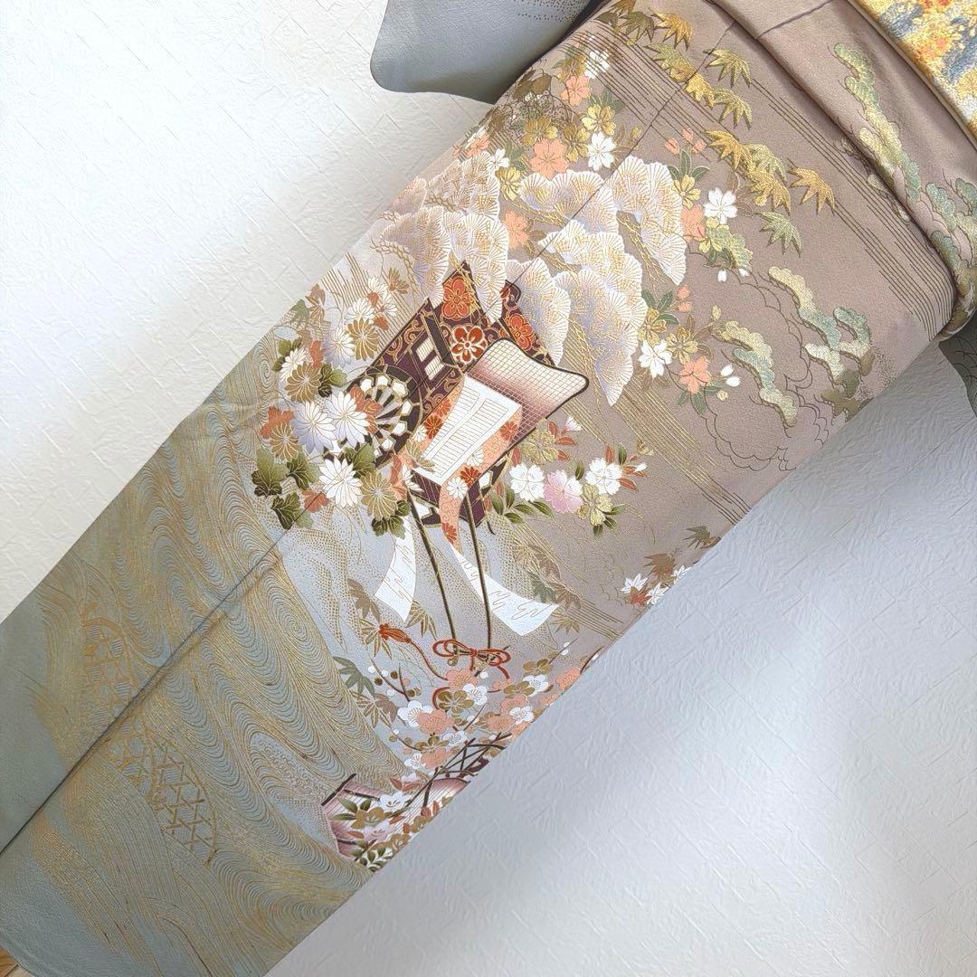 498 訪問着フルセット 正絹 一つ紋 ベージュ グレージュ 金彩 暈し染め