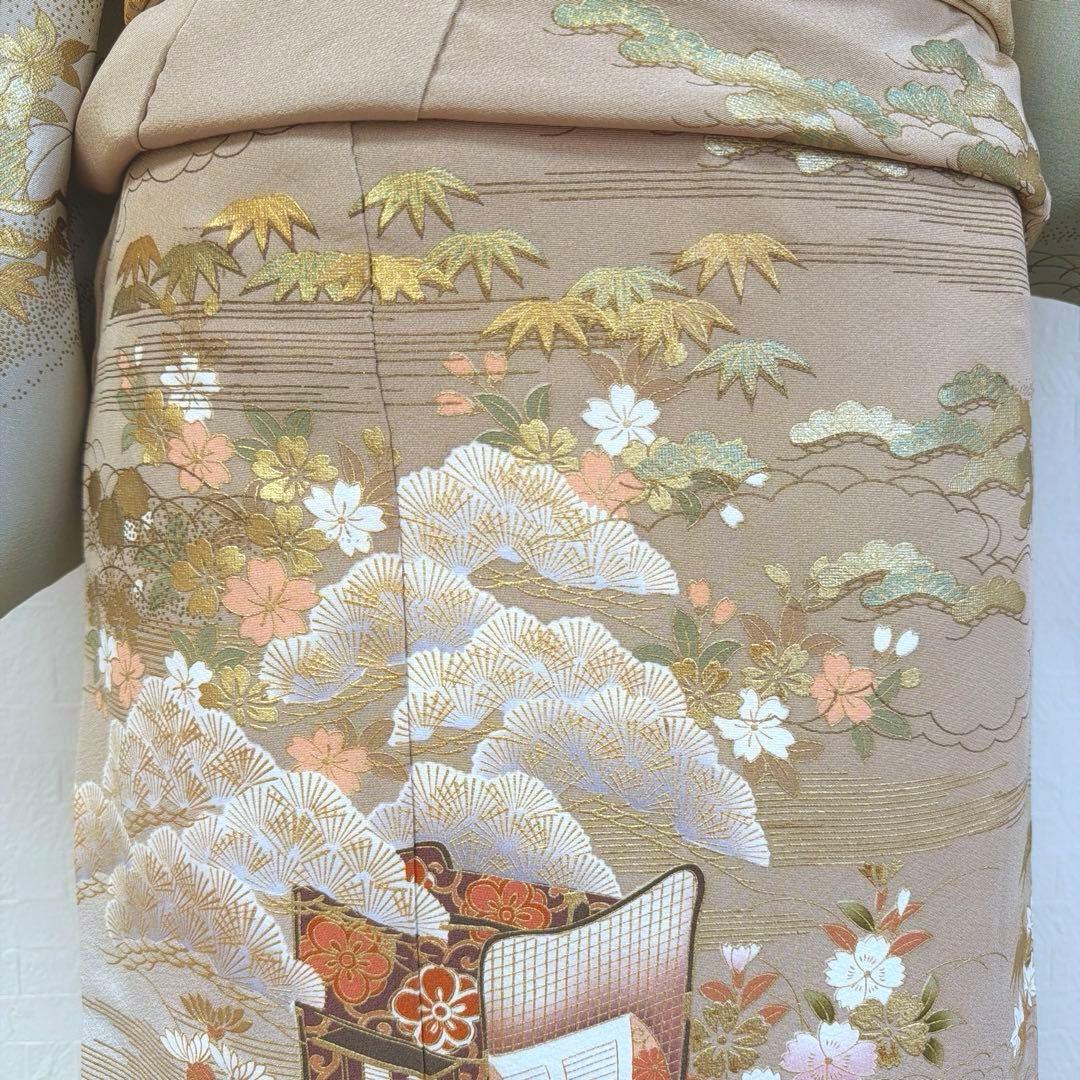 498 訪問着フルセット 正絹 一つ紋 ベージュ グレージュ 金彩 暈し染め